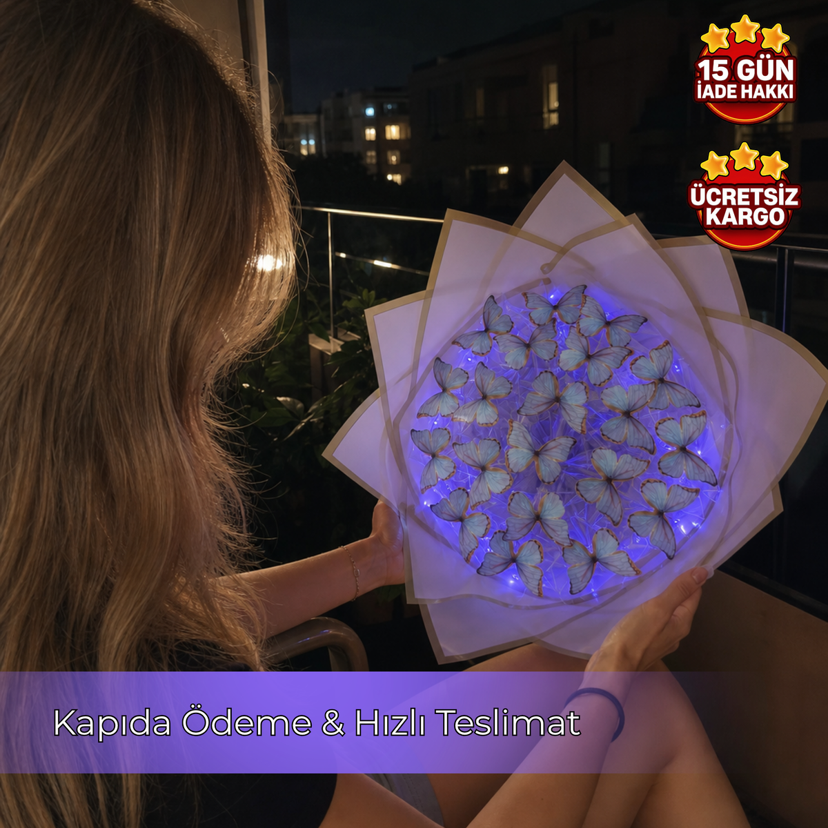 Led Işıklı Lila Kelebek Buketi | Romantik Hediye